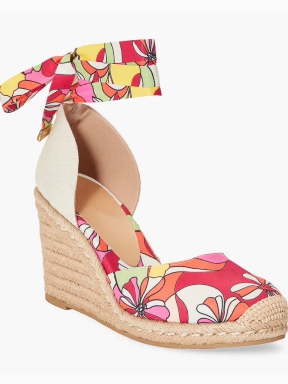 JustFab Pink Orange Yellow Floral Espadrille Wedge Sandals